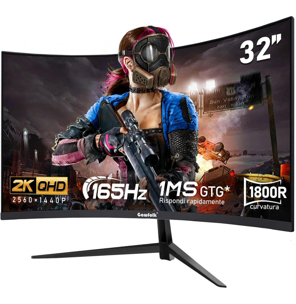 Monitor PC Gaming 32 pollici 2K WQHD (2560×1440) curvo 165 Hz 1m, 100% sRGB, grandangolo 178°, HDMI DisplayPort