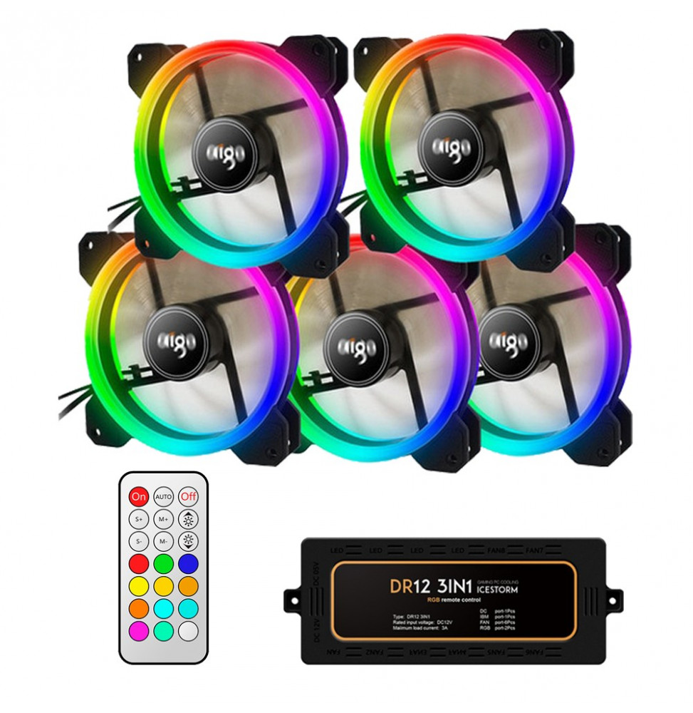 Ventola Aigo DR12 Black (Kit 5pcs con Controller) 1200Rpm 16 LED Dual Halo RGB Rainbow 120x120x25mm