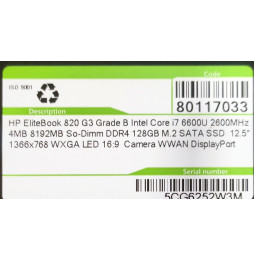 Notebook HP EliteBook 820 G3 , Intel Core i7 6600U , DDR4 8GB , 128GB M.2 SATA SSD